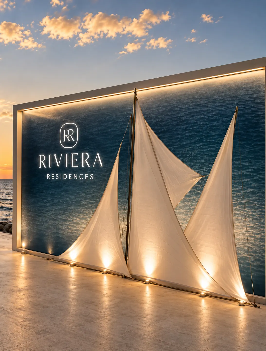 Riviera Residences sign with illuminated sails at sunset